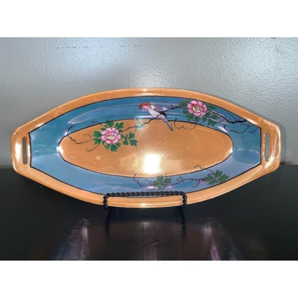 Vintage‎ Hand-Painted Japanese Lusterware Celery Dish Bird & Chrysanthemum 1930s